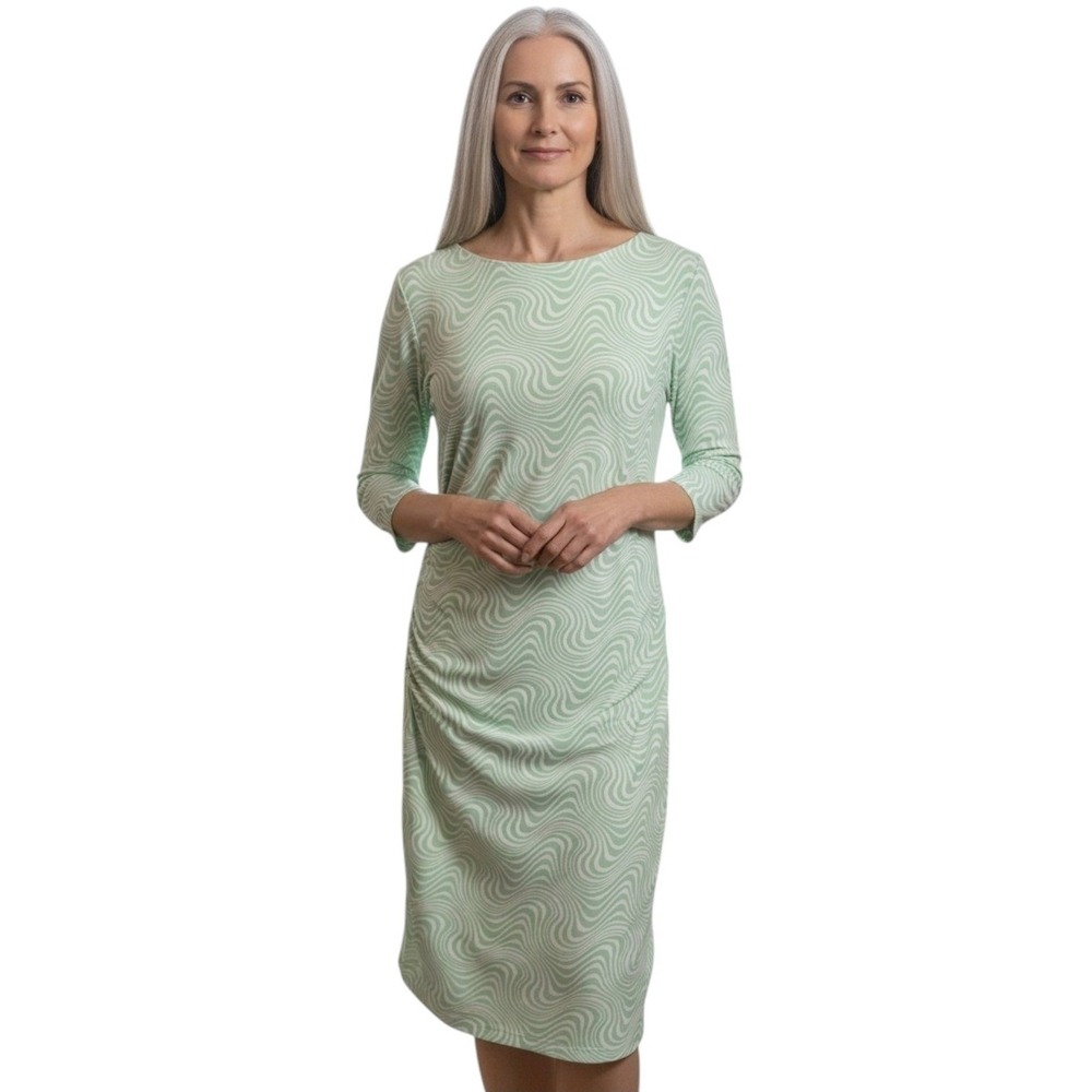 J.McLaughlin Catalina Cloth Dress Mint Green Wavy Print Ruched Career Large